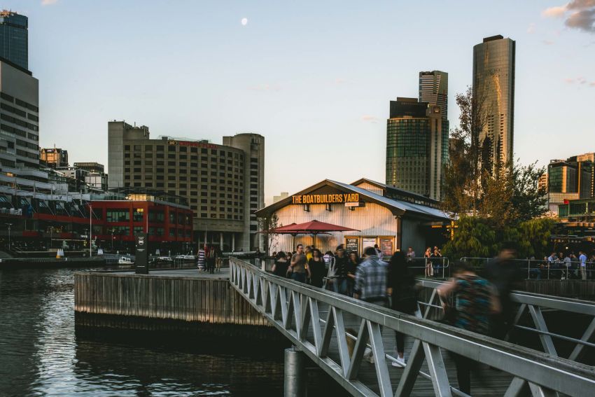 Crossing the bridge to The Boatbuilders Yard, South Wharf